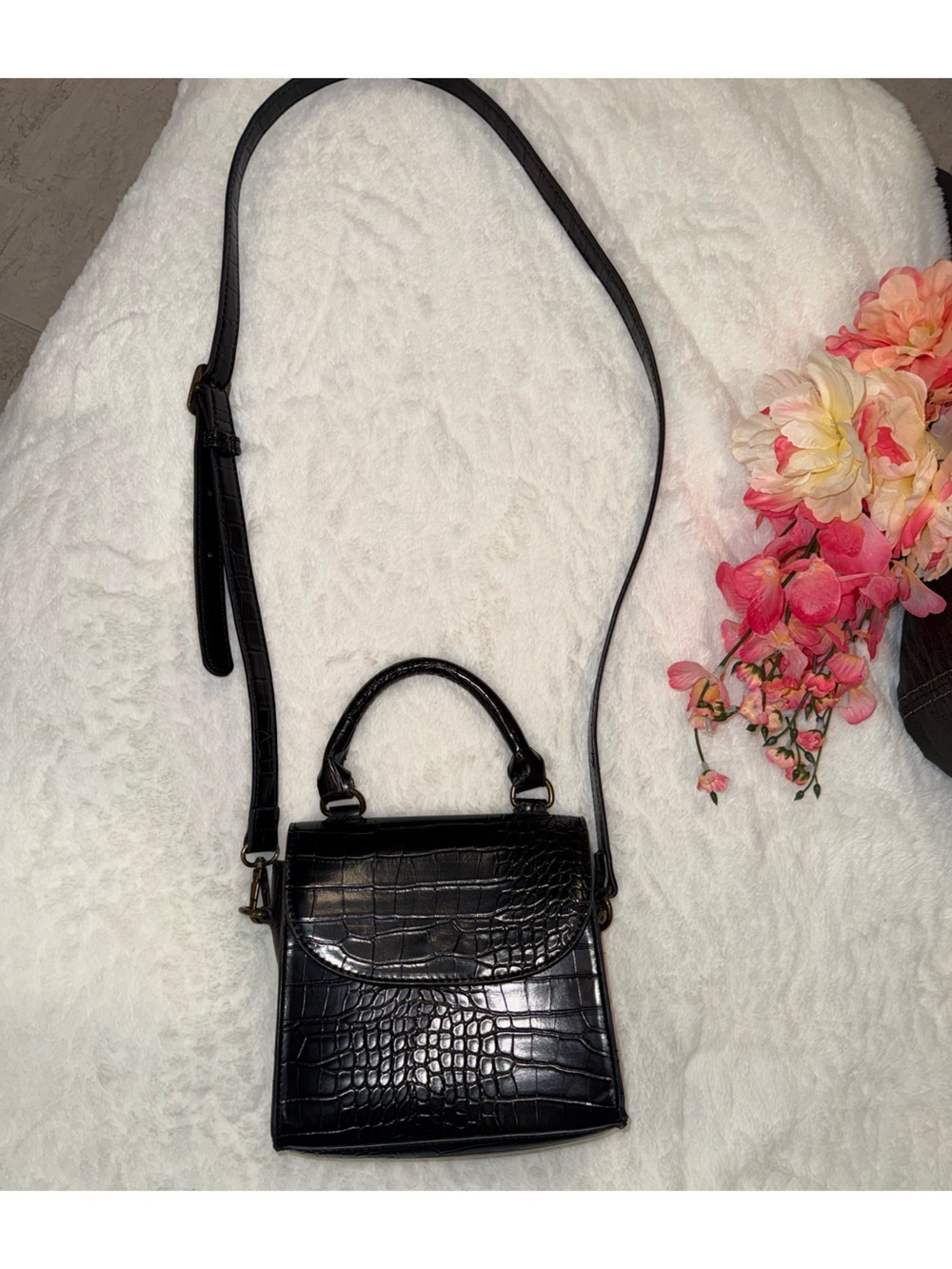 The Drop Black Croc Embossed Crossbody Mini Bag